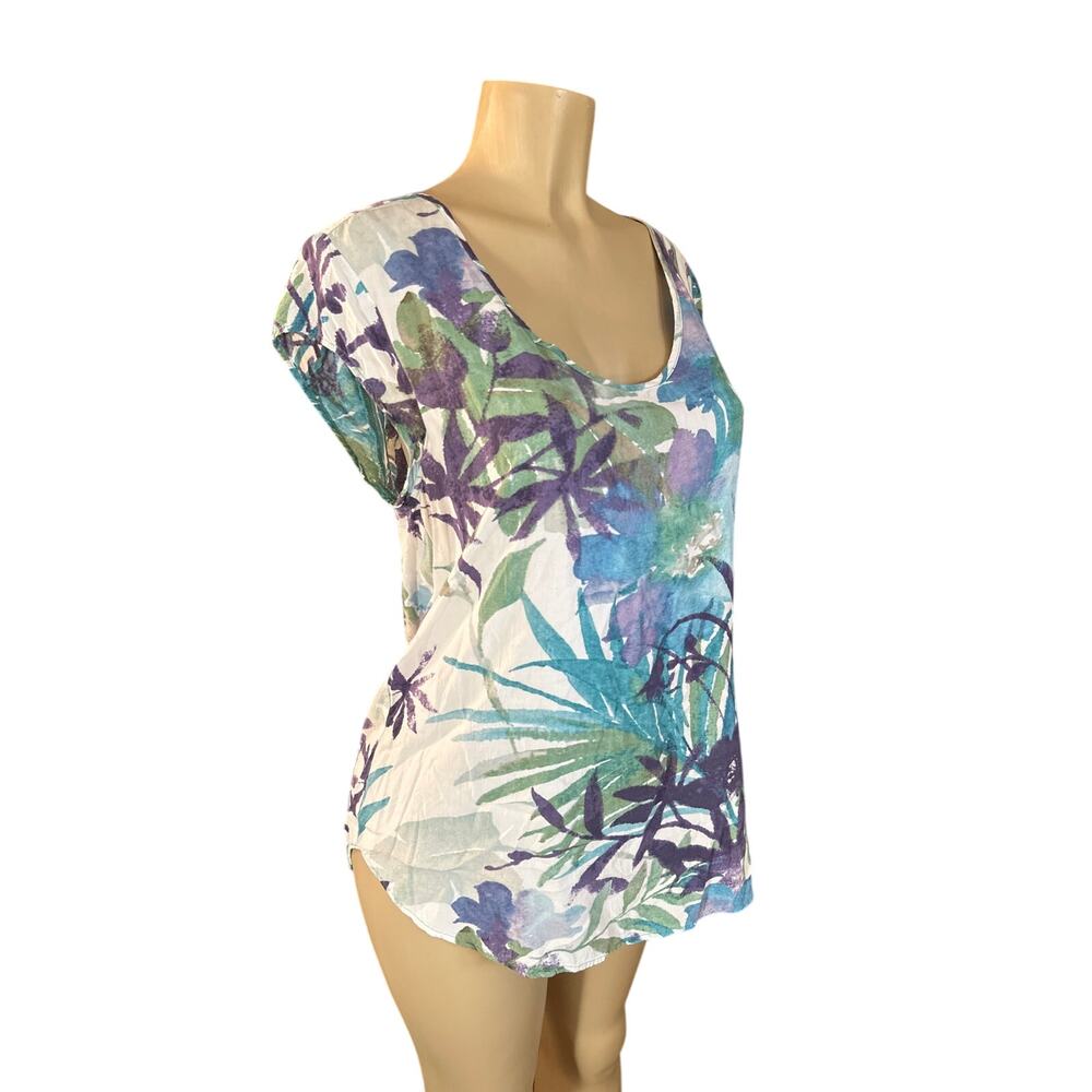Women M Jams World Hawaii Breeze Printed Short Sleeve Tunic Top Blue White
